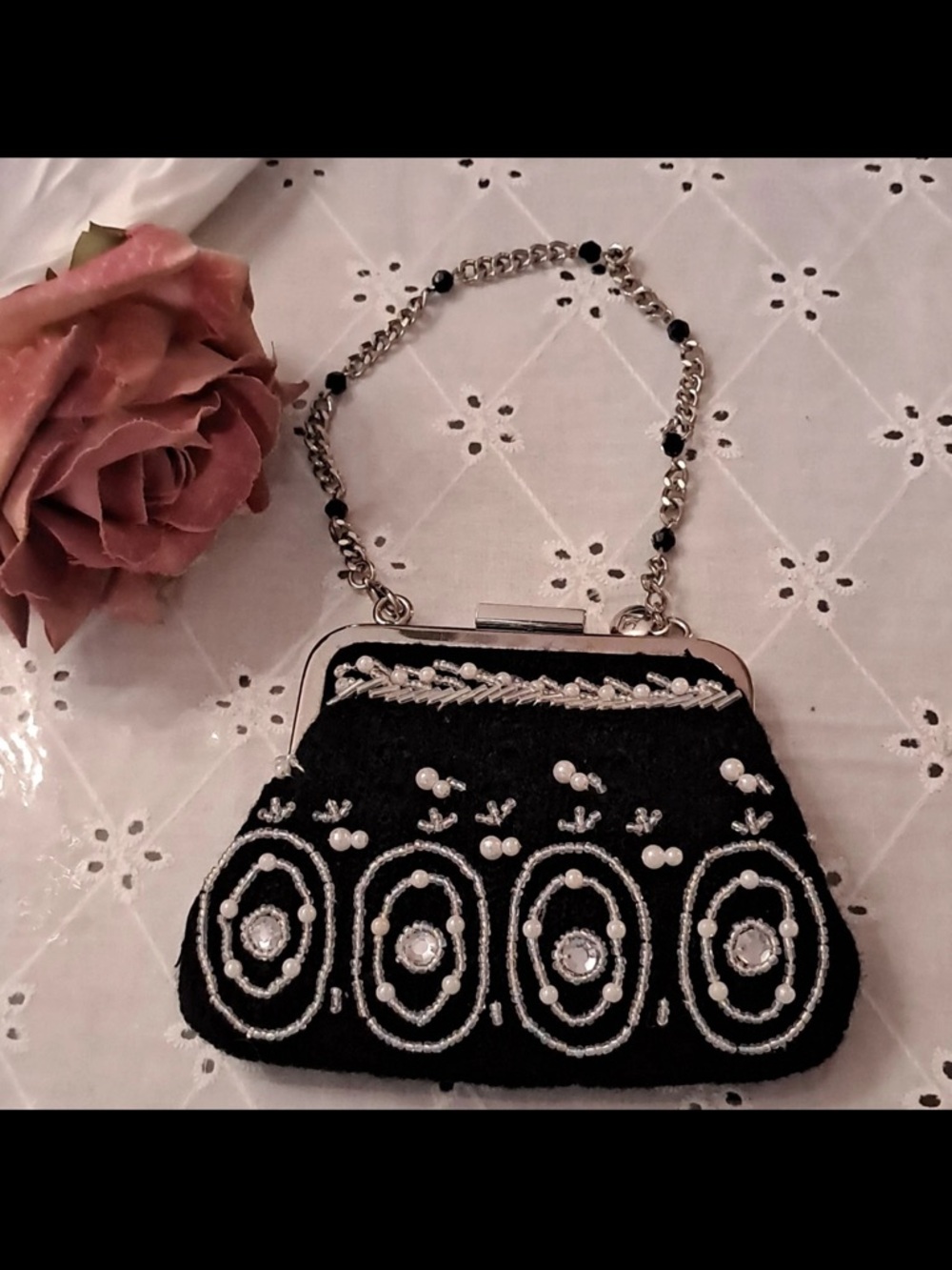Vintage Liz Claiborne Black Beaded Pearl Accent Mini Bag NEW